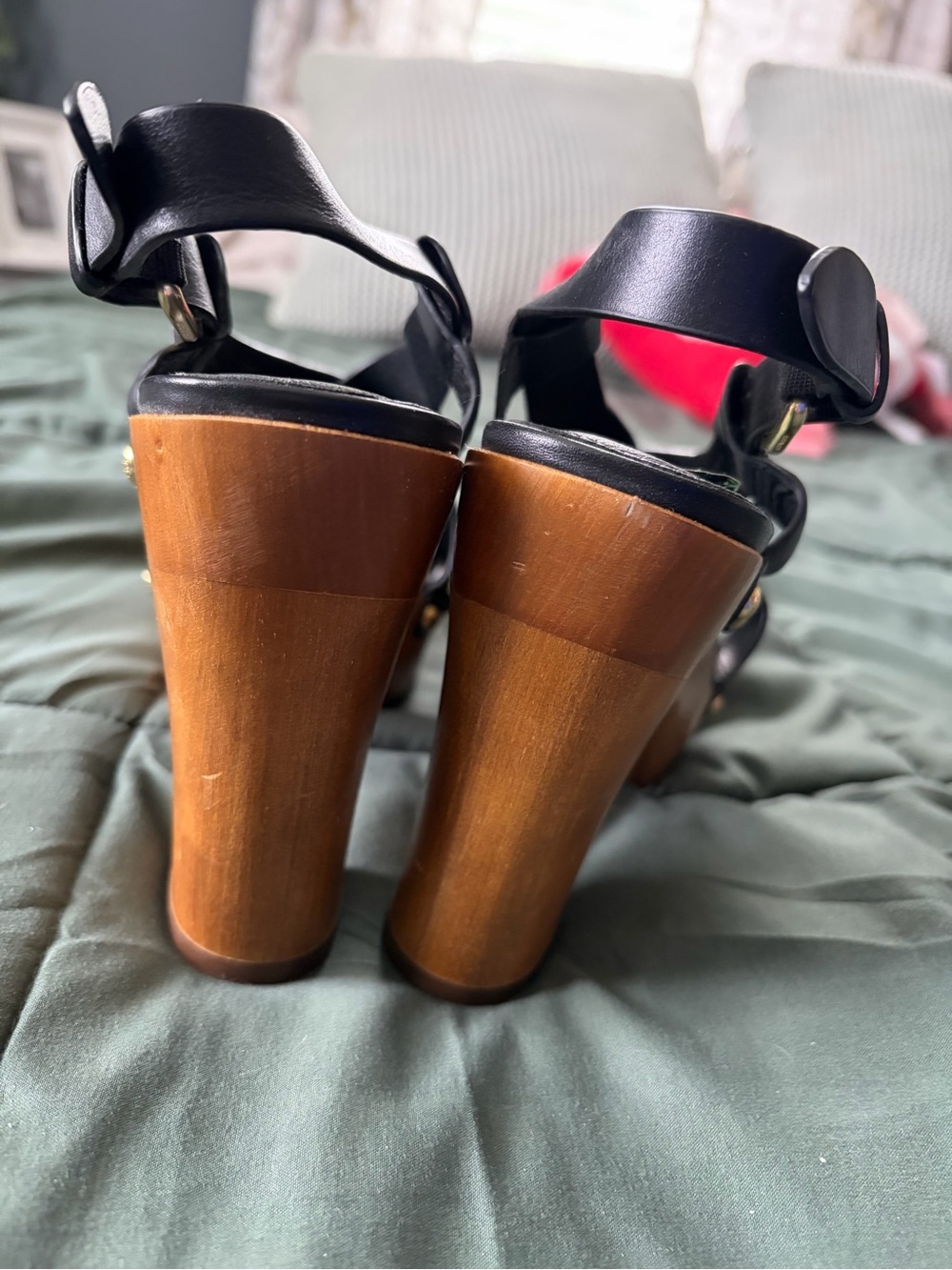 Coach Black Leather Platform Slingback Sandals with Wood Heel - Picture 3 of 7